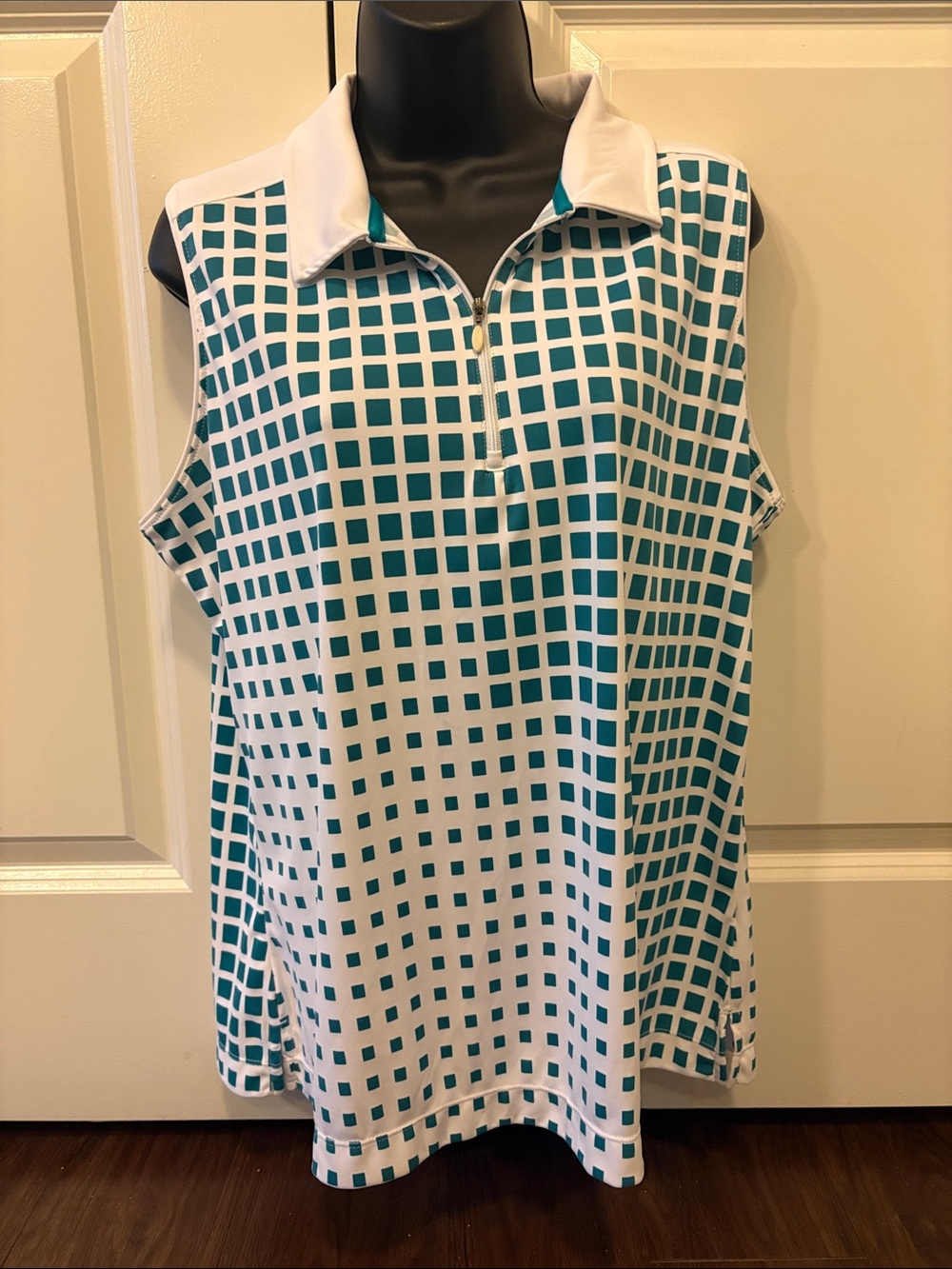 Slazenger Teal and White Checked Sleeveless Zip Polo Tank